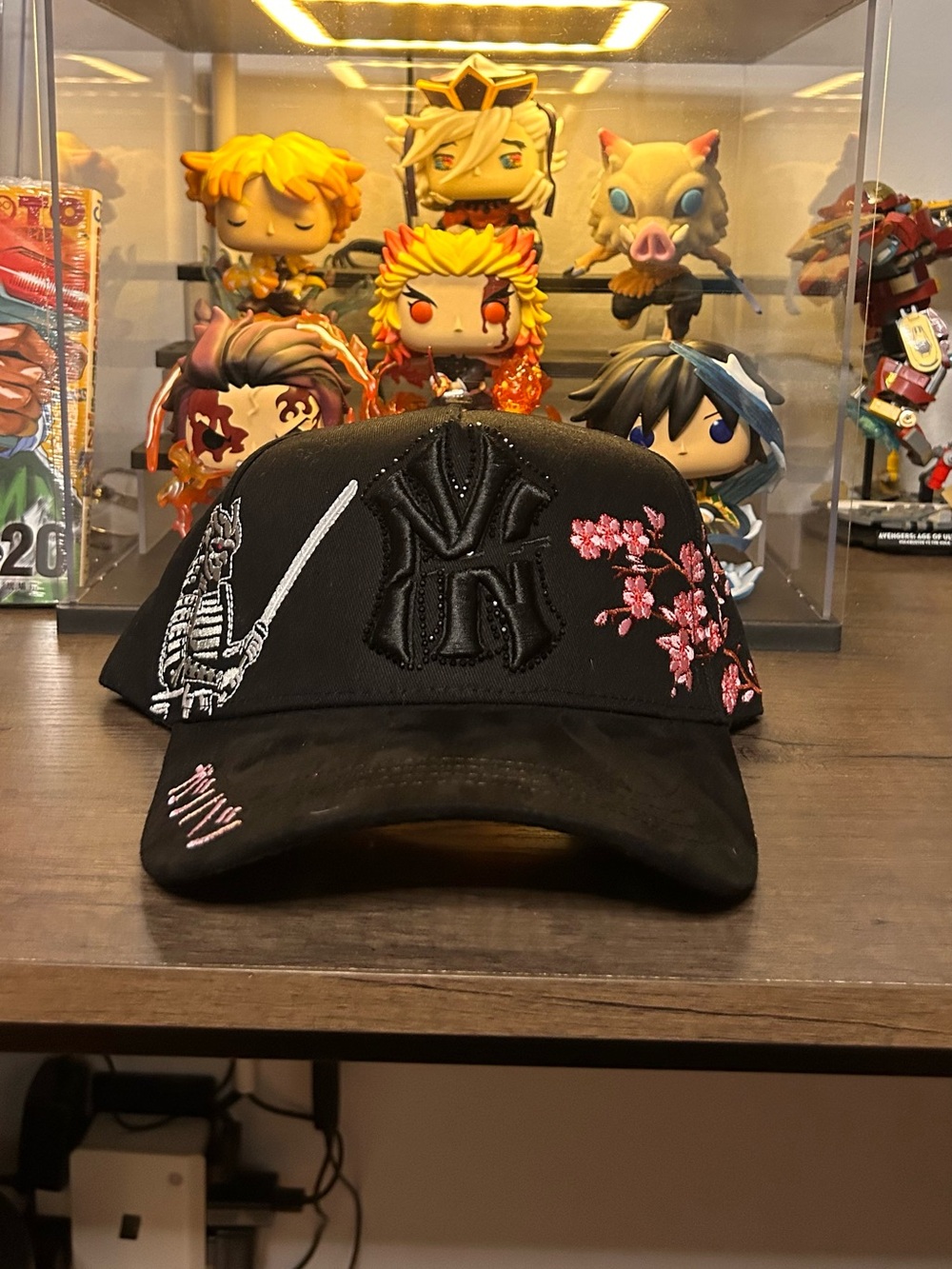 New Era Black Cap with Pink Cherry Blossom & Samurai Embroidery